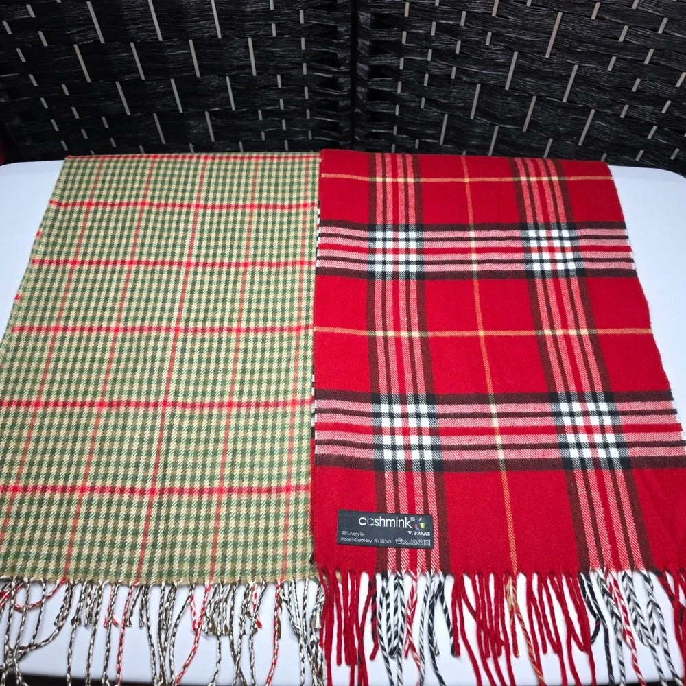 V. Fraas Cashmink Scarf Set Red Plaid Green Houndstooth Made in Germany OS